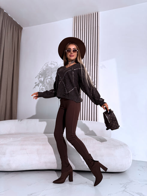 Knitted sweater "GLITTER BOW MO-4006" - CHOCO
